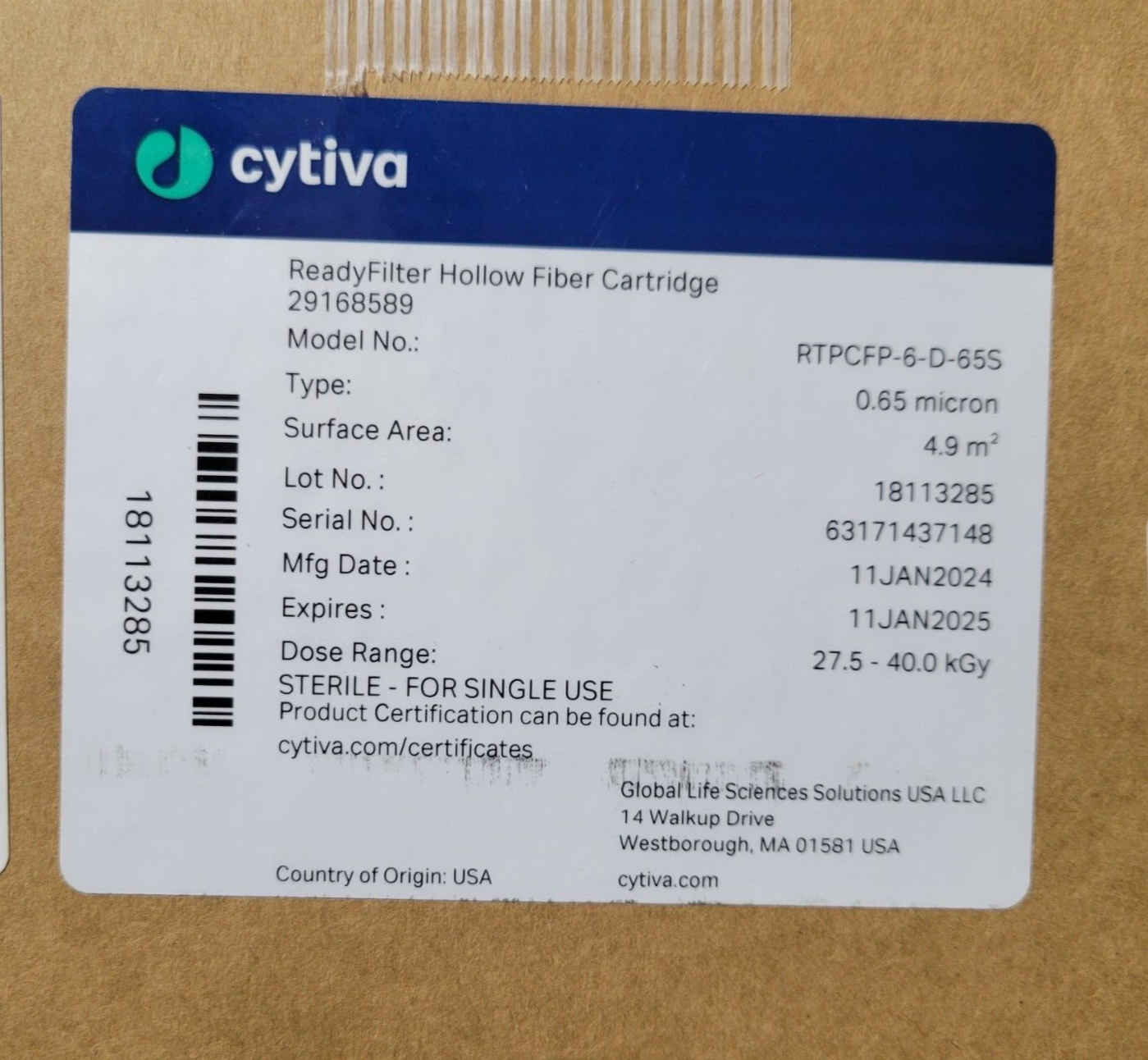 Cytiva  RTPCFP-6-D-65S ReadyMate  Hollow Fiber Cartridge, 0.65 µm - $1,689.00
