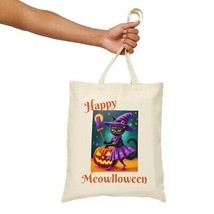 Funny Black Cat Happy Meowlloween Halloween Trick or Treat Canvas Tote Bag - £14.25 GBP
