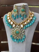 Bollywood Style Gold Plated Indian Kundan Necklace Choker Light Blue Jewelry Set - £112.58 GBP
