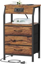 Furnulem Night Stand With Charging Station, Small Bedside Table, Rustic Brown - £50.17 GBP