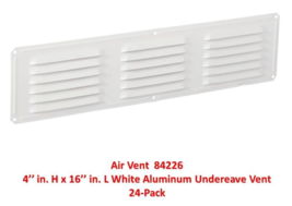 Air Vent 84226 4’’ in. H x 16’’ in. L White Aluminum Undereave Vent 24-Pack - $831.05 MXN