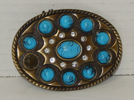 VTG Oval Pewter Tone Metal Western Belt Buckle 10 Faux Turquoise 10 Rhin... - $24.70