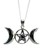 Amethyst Triple Moon Gemstone Necklace Pentacle 925 Silver &amp; 18&quot; Chain Boxed - £35.91 GBP
