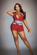 Red Plaid Print Denim Belted Front Button Up Romper - $25.00