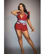 Red Plaid Print Denim Belted Front Button Up Romper - $25.00