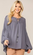 New Gigio by UMGEE S M L Gray Textured Balloon Sleeve Tunic Top Front Ta... - $23.95