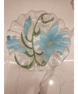 Fused Studio Art Glass Bowl Blue Lillies Green Stems Ruffled Edge Candy ... - £14.25 GBP