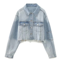 Women&#39;s Fashion Autumn/Winter Denim Crop Jacket Women Vintage Long Sleeve Front  - £20.77 GBP