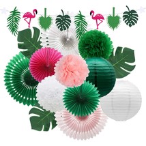 Meiduo Tropical Flamingo Palm Leaves Party Decorations With Paper Fans Paper Lan - £26.72 GBP