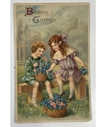 Antique Victorian Happy Birthday Postcard Boy Girl Chromo Embossed Germa... - $14.84