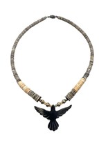 Vintage Santo Domingo Handmade Black Thunderbird Heishi Beaded Necklace - £35.25 GBP