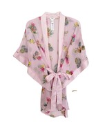 Forever 21 Pink Floral and Stripe Sheer Satin Trim Short Robe Small - £28.91 GBP