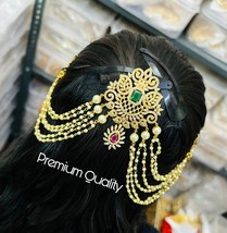 Gold Plated Indian CZ Bollywood Style Hair Pin Juda Clip Temple Jewelry Set - £68.54 GBP