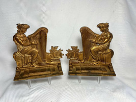 Early 1900&#39;s Bronze Brass Grecian Goddess Harpist Pair Of Bookends Heavy Antique - £98.88 GBP