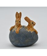 Vintage Vaillancourt Chalkware Two Bunnies Cracked Blue Egg #184 Folk Ar... - $149.00