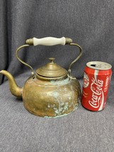 Vintage Copper Brass Tin Tea Pot Kettle W/ Ceramic White Handle Goose Neck Spout - £13.45 GBP