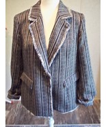 CHICO&#39;S LADYS DRESS JACKET 1 MEDIUM TWEED FRING SLEEVE FAUX POCKETS - $25.73