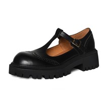 Ladies Cowhide Soft Brogue Shoes Round Toe Retro Mary Jane Daily Pumps Woman One - £110.05 GBP