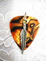 Brown Abalone Look Real Guitar Pick With Pewter Feather Pendant Necklace - £3.98 GBP