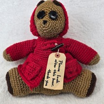 Paddington Teddy Bear Crocheted 11”  Red Hooded Sweater Handmade Vtg Granny Core - £15.40 GBP