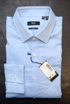 HUGO BOSS Uomo Jenno Slim Fit Luminoso Solido Cotone Blu Camicia 41 16 36/37 - £48.68 GBP