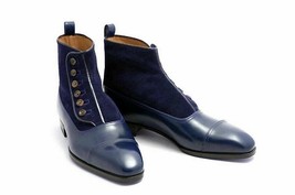 Men Navy Blue Color High Ankle Derby Cap Toe Suede Genuine Leather Button Boots - £119.89 GBP