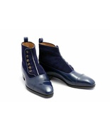 Men Navy Blue Color High Ankle Derby Cap Toe Suede Genuine Leather Butto... - £117.67 GBP