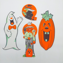 Vtg Halloween Cardboard Die Cut Decor Lot of 4 Ghost Witch Scarecrow Pumpkin - £14.16 GBP