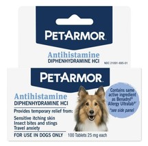 PETARMOR Antihistamine Allergy Relief Medicine for Dogs, 100 Tablets, 25... - $21.55