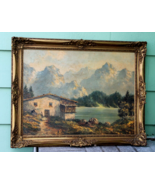Vtg Oil Painting on Canvas Signed Mountain Landscape Scene Ornate Frame - €169,50 EUR