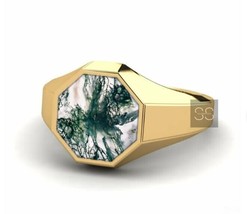 14K Gold Octagon Moss Agate Signet Ring, Natural Agate Ring, Moss Agate Rings - £66.96 GBP