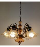 *B) Vintage 5 Arm Porcelain Floral Glass Shade Hanging Light Chandelier - $4,565.48 MXN