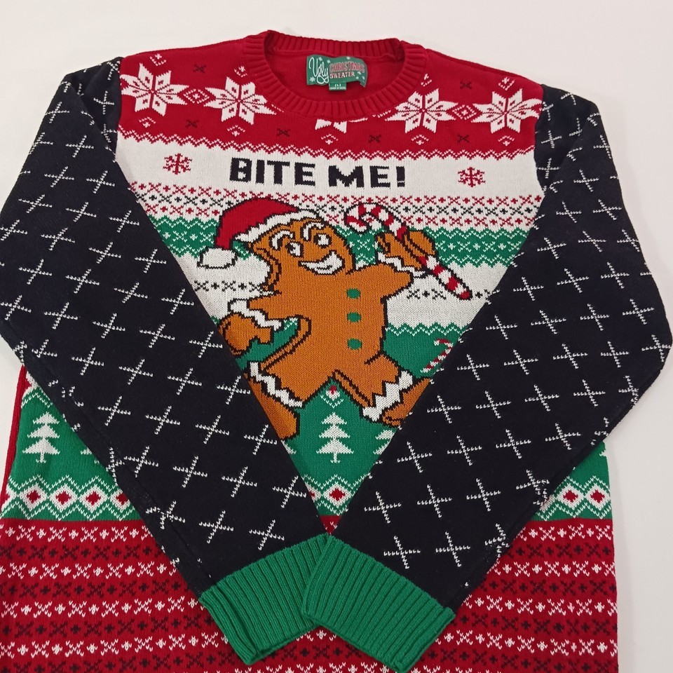 Ugly Christmas Sweater Men's Size Large Bite Me Gingerbread Man Red Pullover Item image 12