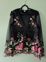 Venus Embroidered Roses Mesh Bell Sleeves Looped Ties at Neck Black Top Wm&#39;s L - £27.12 GBP