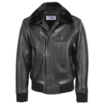 DR173 Men&#39;s Leather Bomber Pilot Jacket Removable Collar Black - £171.64 GBP