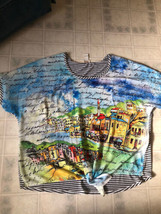 Chico’s Size 2 Large Silky Watercolor Cityscape Tie Front Tee Raglan Sleeve - £29.47 GBP
