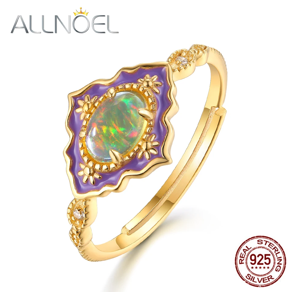 925 Sterling Silver Adjustable Rings For Women Natural Opal Purple Enamel Gold P - £28.10 GBP