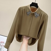 Autumn Top Women&#39;s New Temperament Long Sleeve Beads Tel Lapel Chiffon Shirts an - £115.53 GBP