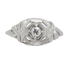 Art Deco 18k Gold .14ct Genuine Natural Diamond Filigree Ring with Bows (#J6753) - $969.21