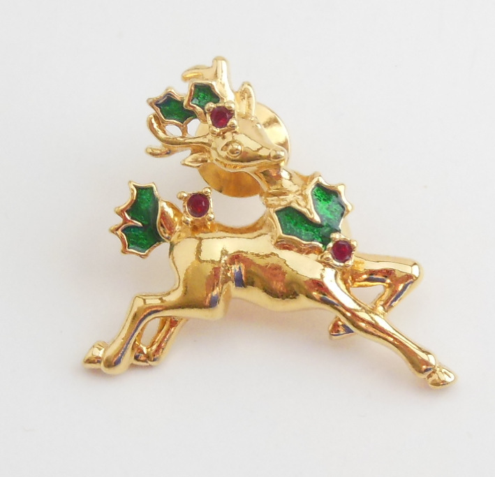 Primary image for Vintage Signed Avon Blouse Pin Reindeer Christmas Jewelry Crystals Enamel