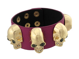 Zeckos Fuchsia Leather Wristband with Goldtone Skulls and Rhinestones - £11.22 GBP
