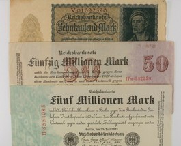 1922-1923 Germany 3-Notes Set Weimar 10000, 5 Million &amp; 50 Million Mark Bills - £39.64 GBP