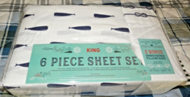 New Coastal Navy Blue Whales King Sheet Set Fitted Flat &amp; 4 Bonus Pillowcases - £58.37 GBP