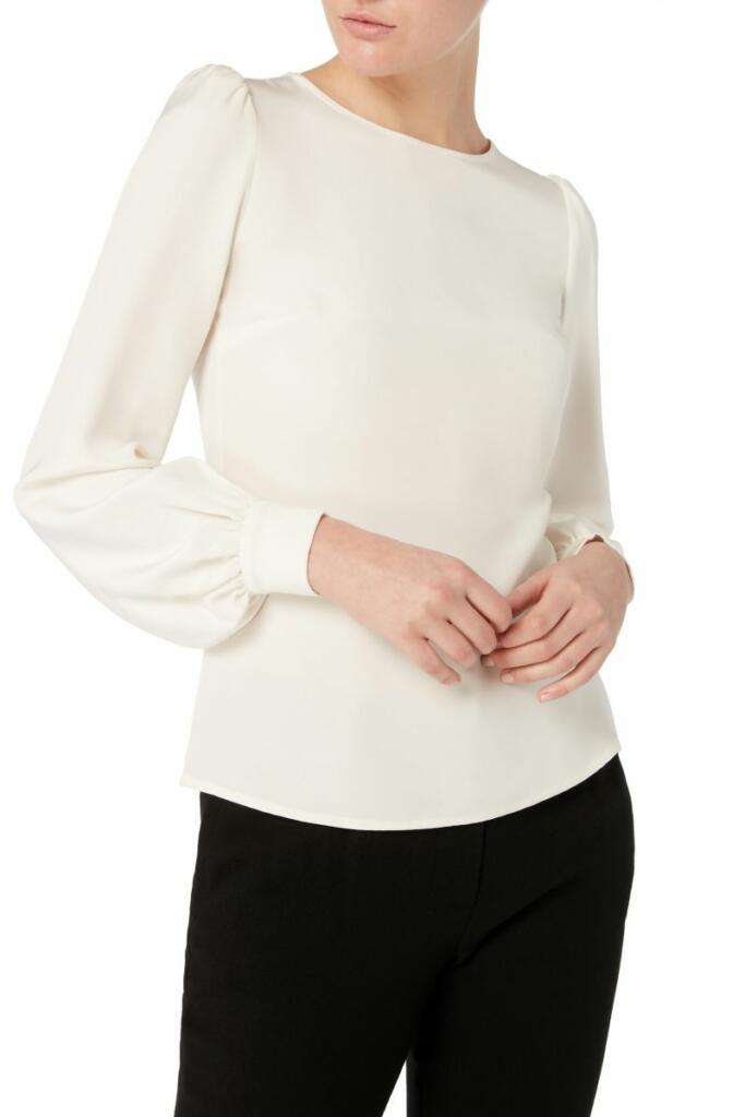Kate Middleton Inspired White Round Neck Puffy Shoulder Crepe Blouse Top AU10 Item image 4