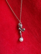 Vintage Metal Gold Toned Fairy Pixie with Heart Faux Pearl Necklace - £7.39 GBP