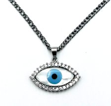 Sterling Silver 925 Mother Of Pearl CZ Blue Evil Eye Necklace - $33.66