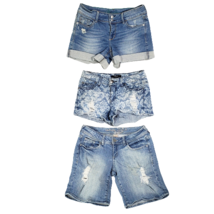 Lot 3 Y2K Jean Shorts JR 3/4 Vtg Mallcore Low Rise Blue Stretch Denim Distressed - £19.31 GBP