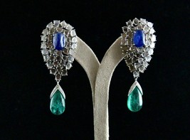 Natural Blue Sapphire Emerald Cabochon Diamond 18K Gold Classic dangle Earring - £8,581.08 GBP