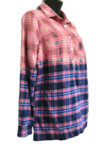 Flannel Lands&#39; End Ladies Dipped Bleached Pink Blue Plaid Size 10 Pull Over - £17.03 GBP