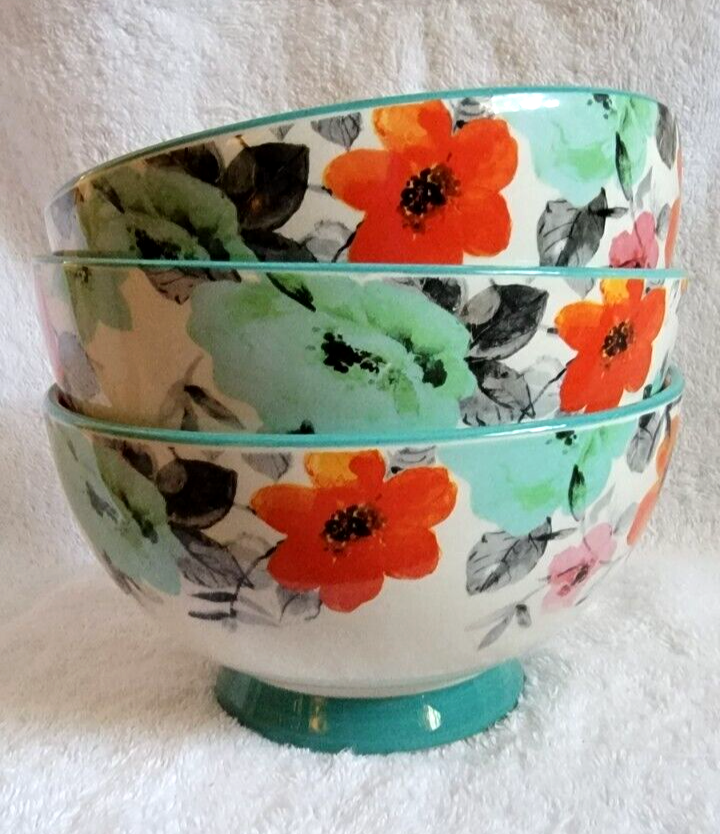 Three Pioneer Woman SOUP Bowls FLORAL TEAL 6" Stoneware Footed - $24.00